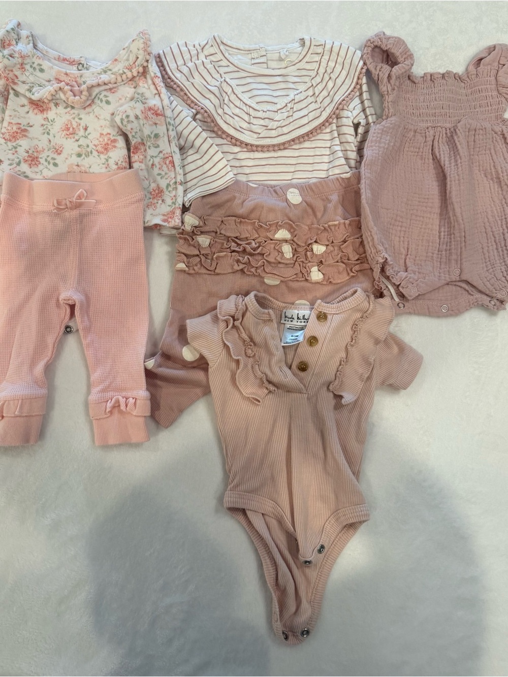2 Matching Long Sleeve Pant Sets, 1 bubble dress, 1 ruffle onesie - 6 Piece Set